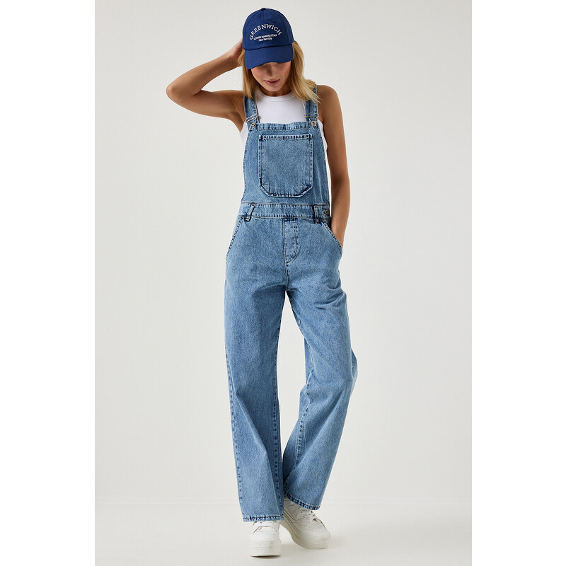 Happiness İstanbul Women's Light Blue Wide Pocket Denim Jumpsuit