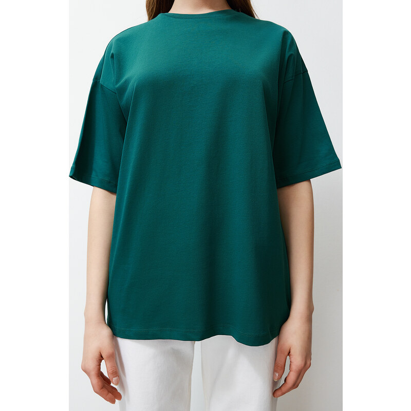 Trendyol Emerald Green 100% Cotton Back Motto Printed Oversize/Creature Knitted T-Shirt