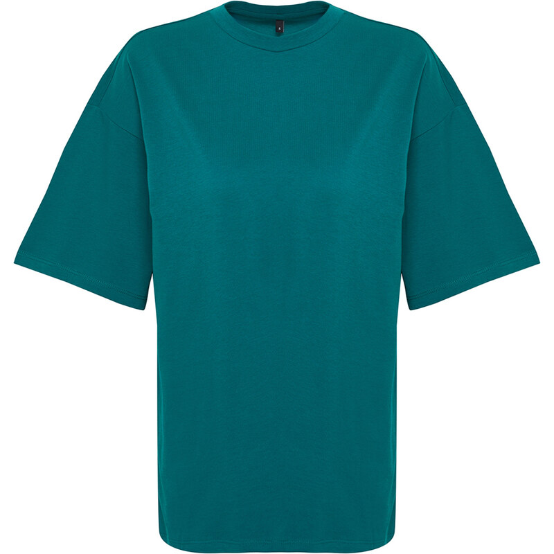 Trendyol Emerald Green 100% Cotton Back Motto Printed Oversize/Creature Knitted T-Shirt