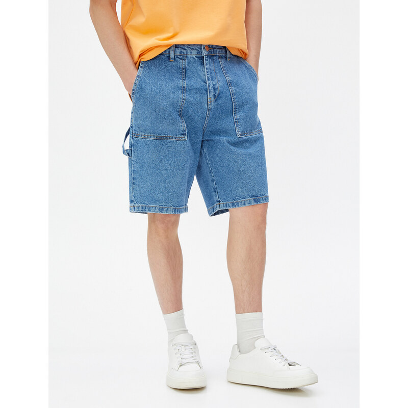 Koton Bermuda Denim Shorts with Stitching Detail, Pockets, Buttons, Cotton