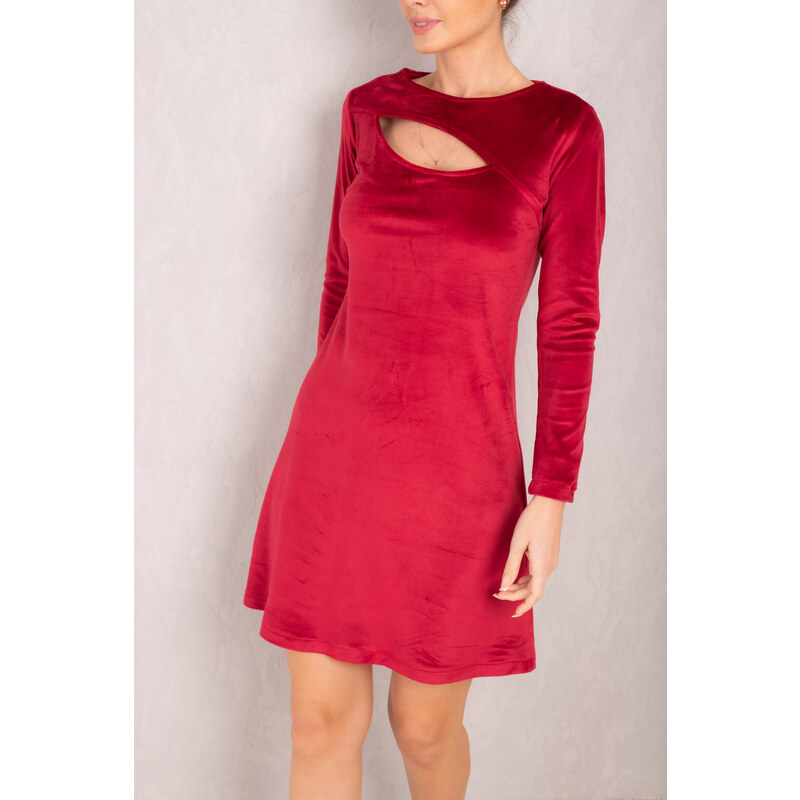 armonika Women's Red Decollete Long Sleeve Velvet Mini Dress