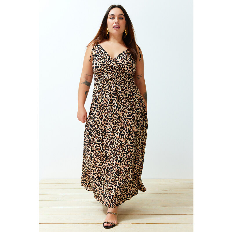 Trendyol Curve Camel Maxi/Long Slit Summer Leopard Patterned
