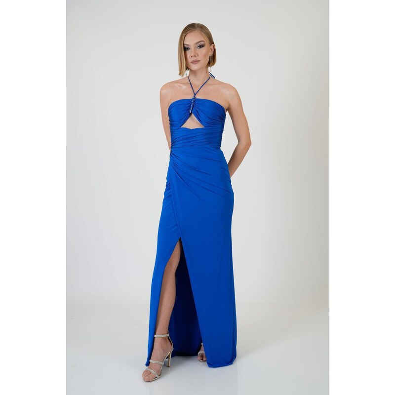 Carmen Sax Neck Slit Sandy Evening Dress