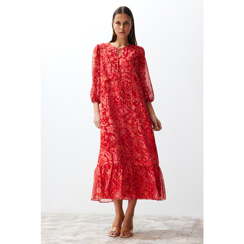 Trendyol Pink Paisley Patterned Straight Cut Maxi Lined Chiffon