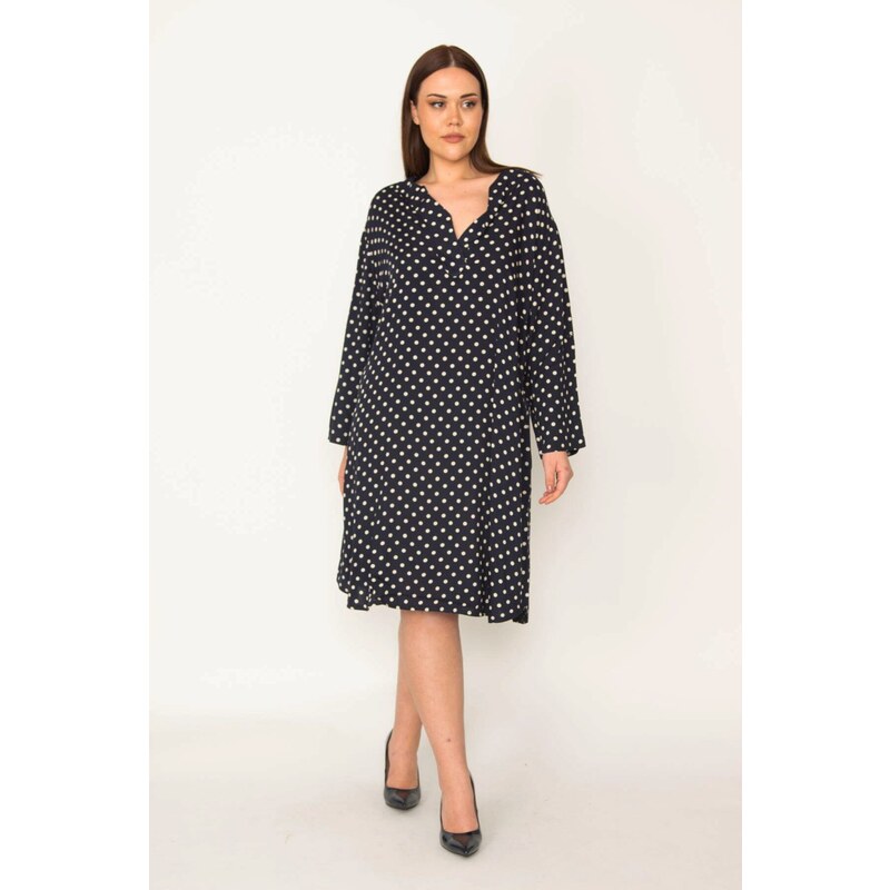 Şans Women's Plus Size Navy Blue Comfortable Cut Point Patterned Side Pockets Woven Viscose Dress