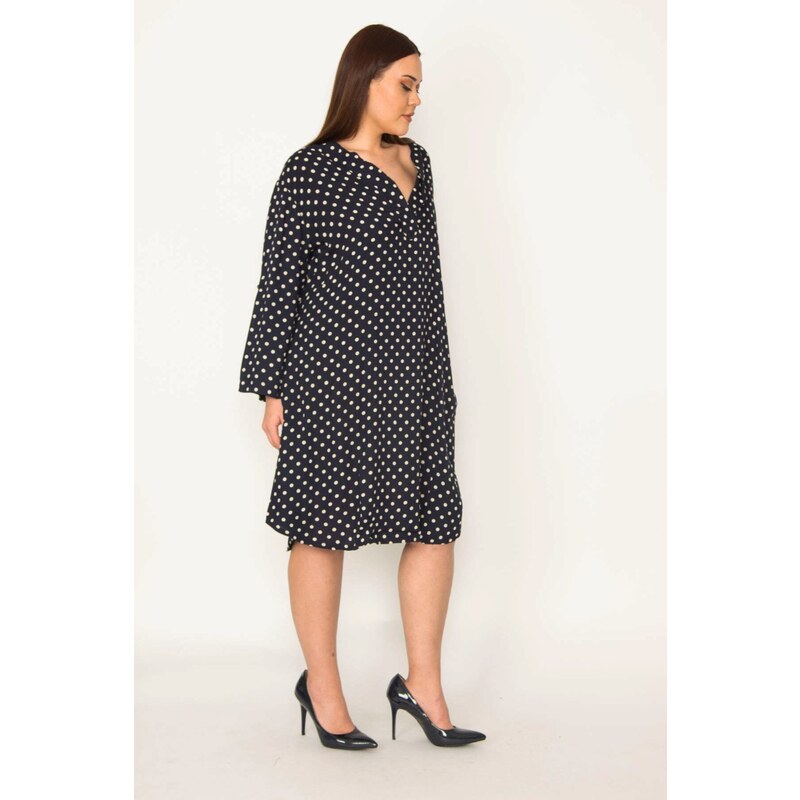 Şans Women's Plus Size Navy Blue Comfortable Cut Point Patterned Side Pockets Woven Viscose Dress