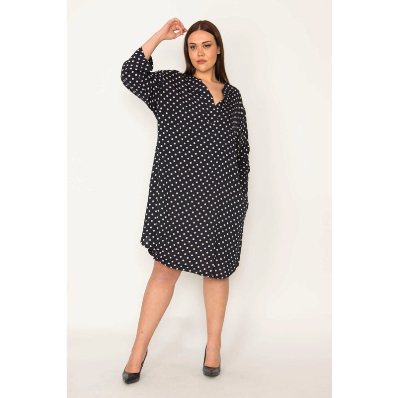 Şans Women's Plus Size Navy Blue Comfortable Cut Point Patterned Side Pockets Woven Viscose Dress