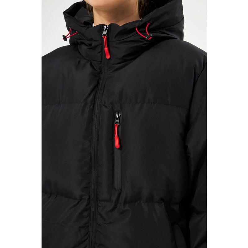 River Club Women's Black Fiber Inner Water And Windproof Hooded Puffer Sports Winter Coat