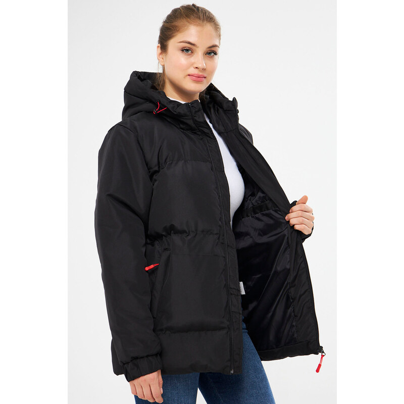 River Club Women's Black Fiber Inner Water And Windproof Hooded Puffer Sports Winter Coat