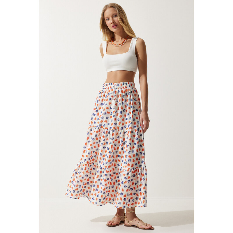 Happiness İstanbul Women's Ecru Orange Floral Pattern Flounce Summer Linen Skirt