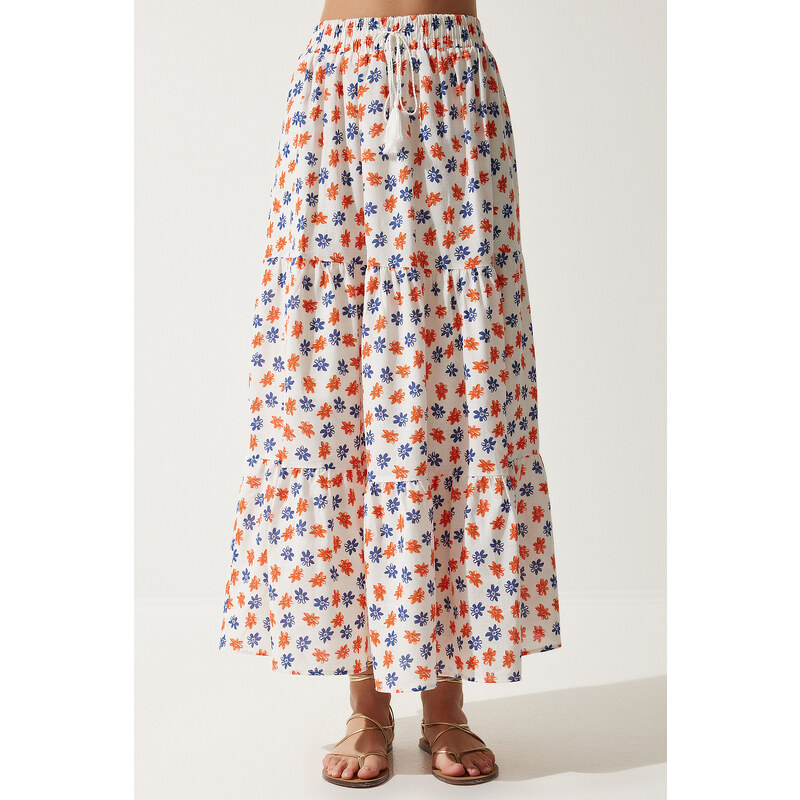 Happiness İstanbul Women's Ecru Orange Floral Pattern Flounce Summer Linen Skirt