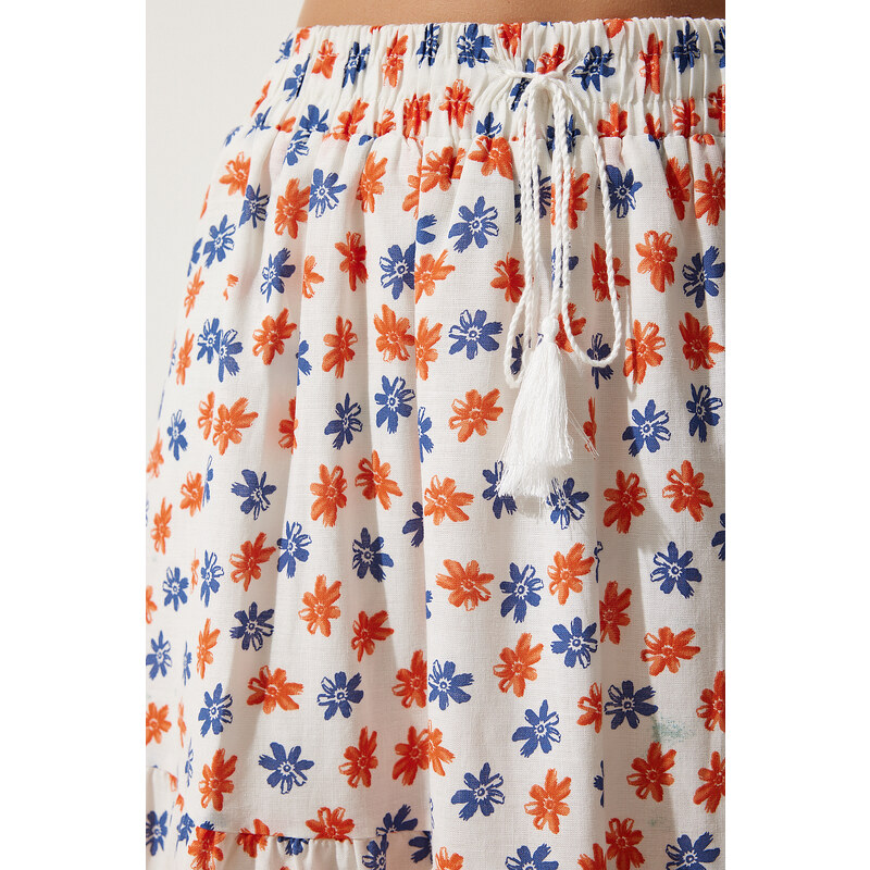 Happiness İstanbul Women's Ecru Orange Floral Pattern Flounce Summer Linen Skirt