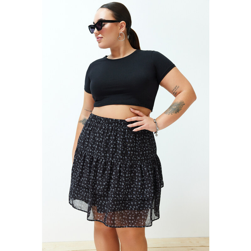 Trendyol Curve Black Floral Skirt Frilly Mini Woven Skirt