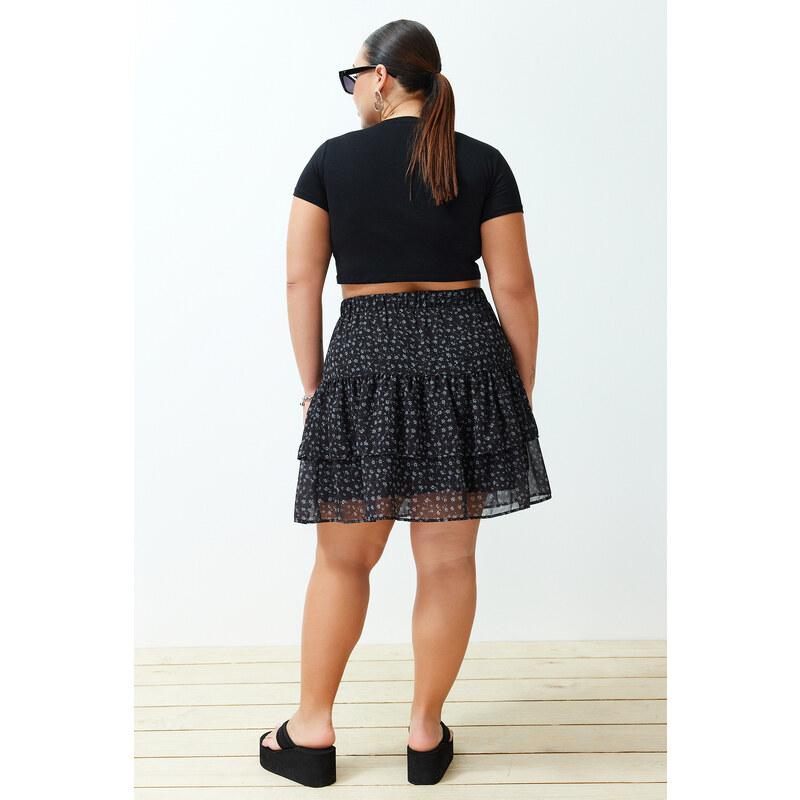 Trendyol Curve Black Floral Skirt Frilly Mini Woven Skirt