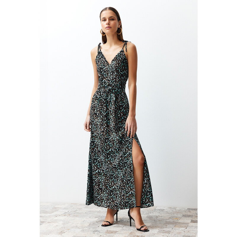 Trendyol Blue Leopard Print A-line Slit Detailed Maxi Woven Dress