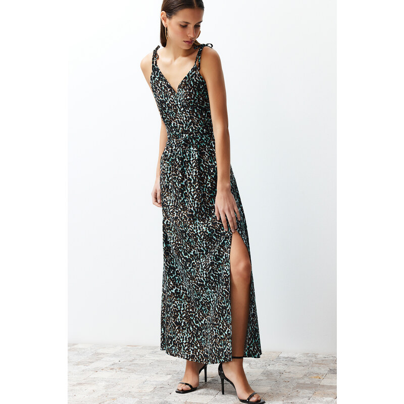 Trendyol Blue Leopard Print A-line Slit Detailed Maxi Woven Dress