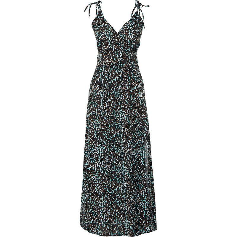 Trendyol Blue Leopard Print A-line Slit Detailed Maxi Woven Dress