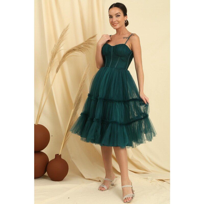 By Saygı Rope Strap Strapless Underwire Lined Jupons Tulle Tiered Tulle Short Dress