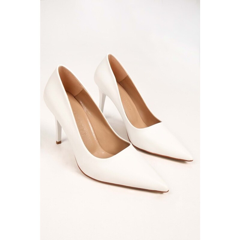 Shoeberry Women's Nesirta White Skin Classic Heeled Stilettos