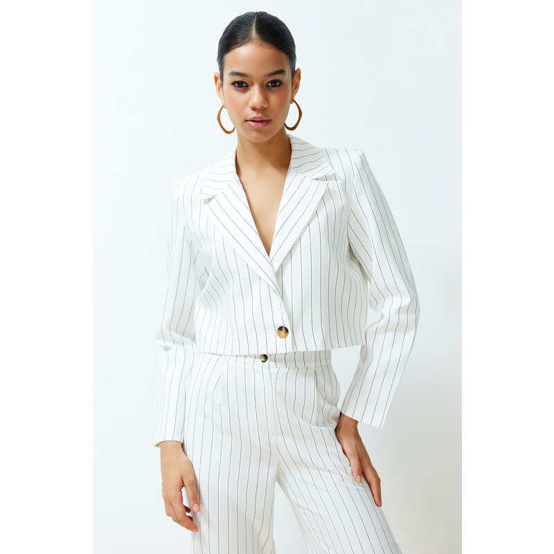 Trendyol Ecru Regular Crop Striped Woven Blazer Jacket