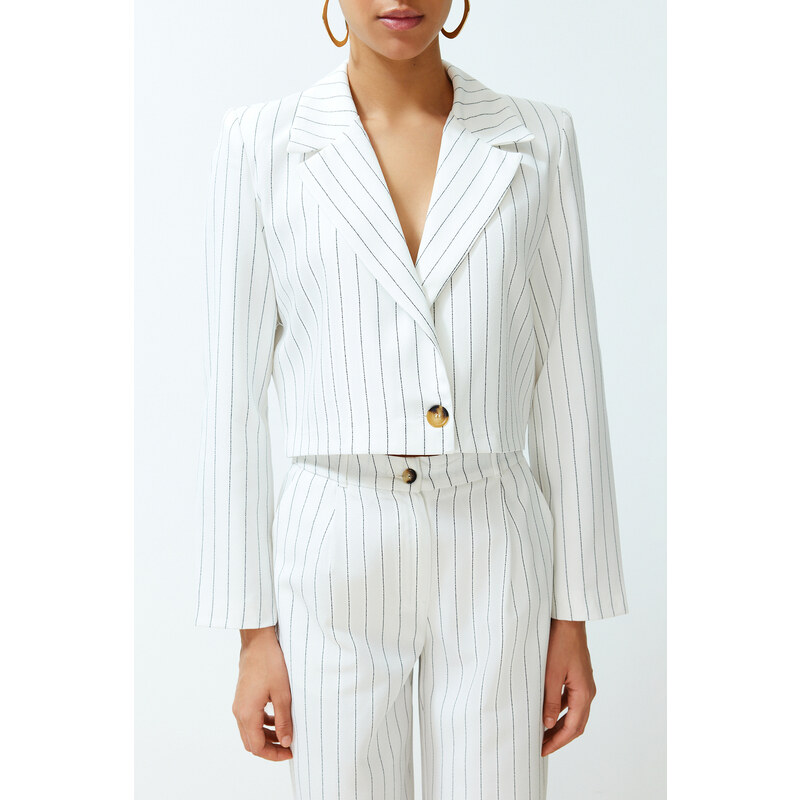 Trendyol Ecru Regular Crop Striped Woven Blazer Jacket