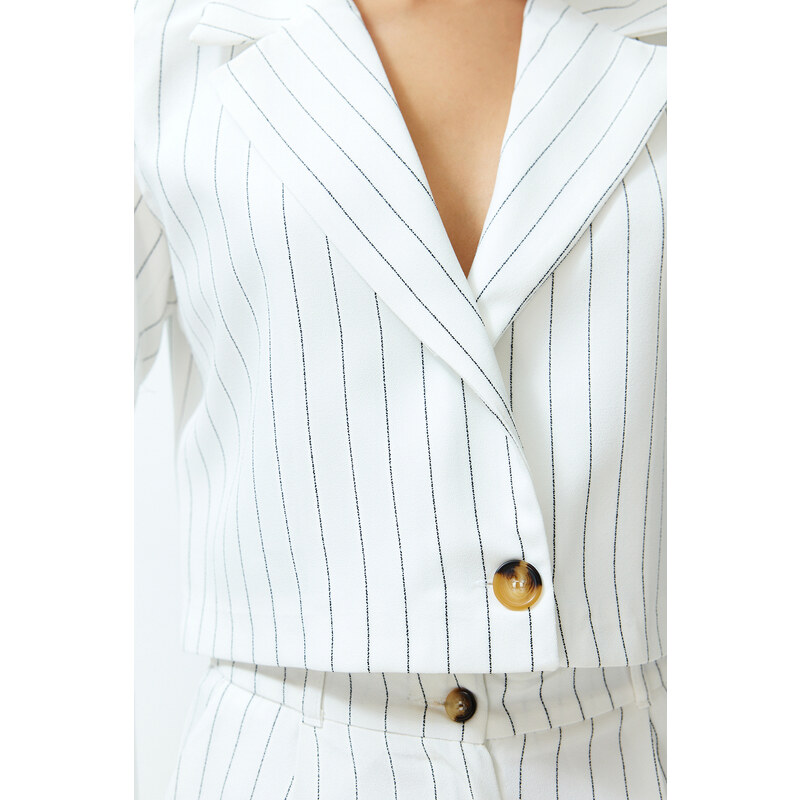 Trendyol Ecru Regular Crop Striped Woven Blazer Jacket