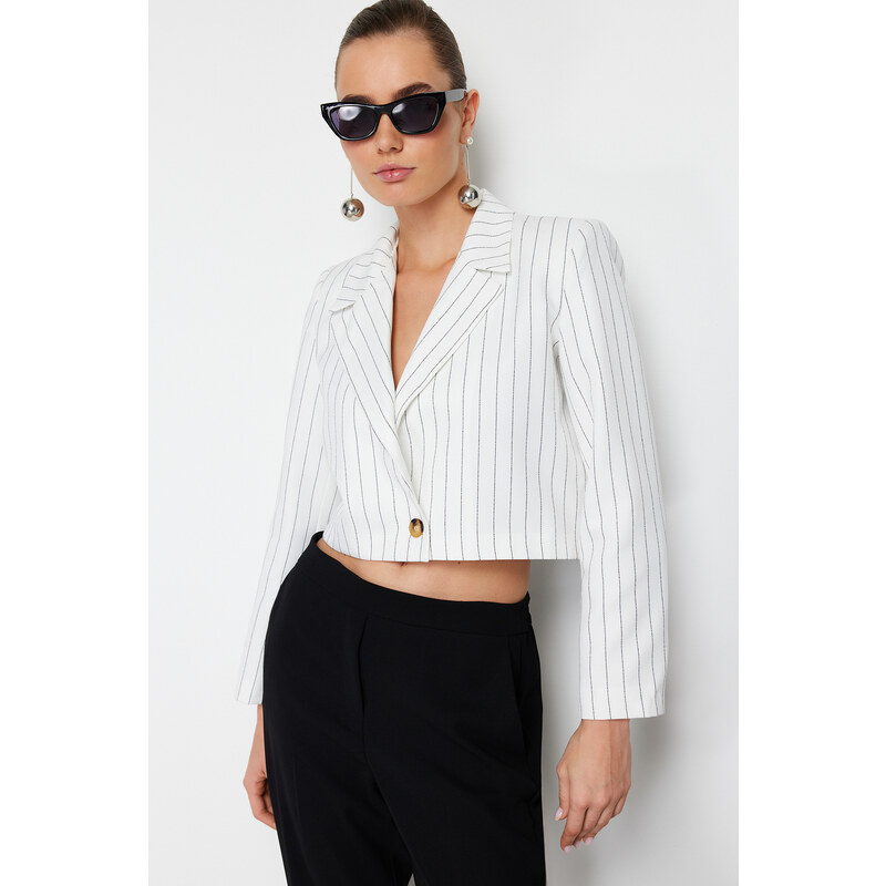 Trendyol Ecru Regular Crop Striped Woven Blazer Jacket