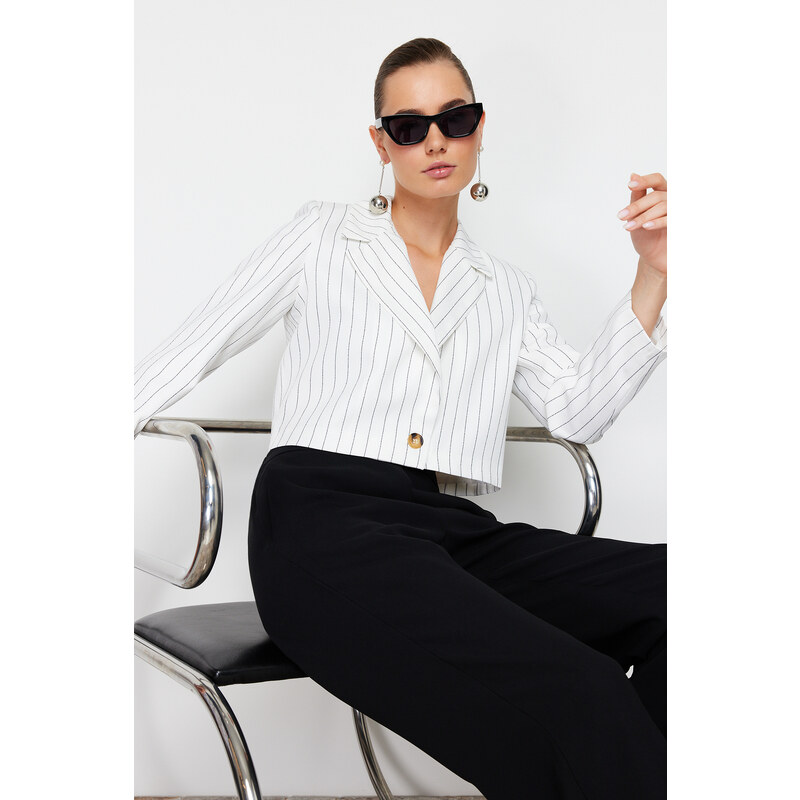 Trendyol Ecru Regular Crop Striped Woven Blazer Jacket