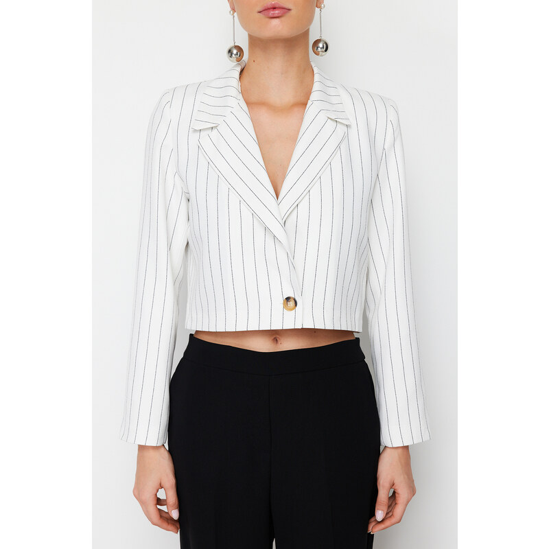 Trendyol Ecru Regular Crop Striped Woven Blazer Jacket