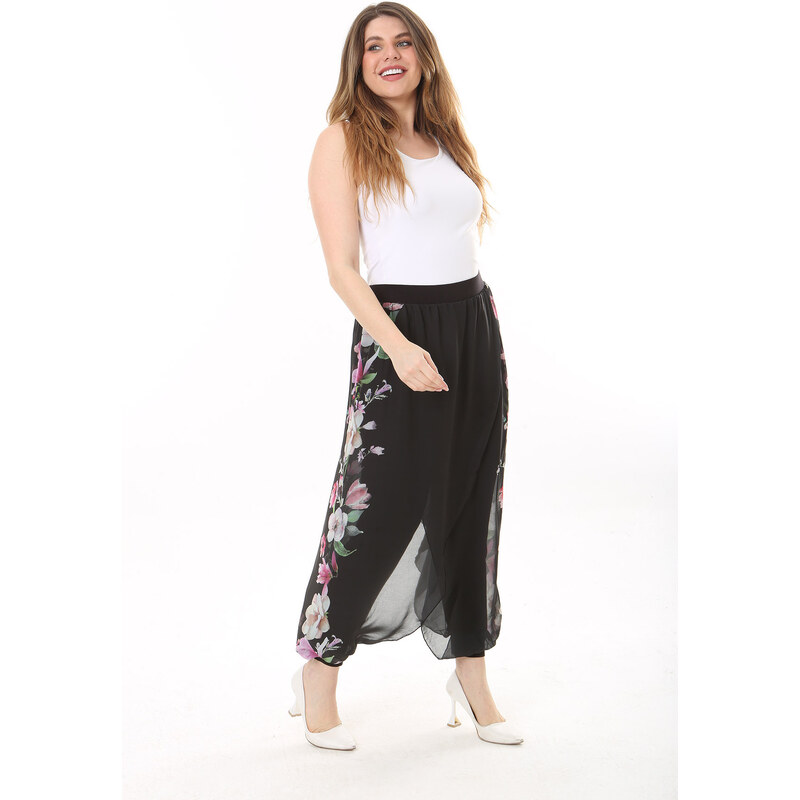 Şans Women's Plus Size Black Viscose Inner Pants Chiffon Wrapover Look Shalwar