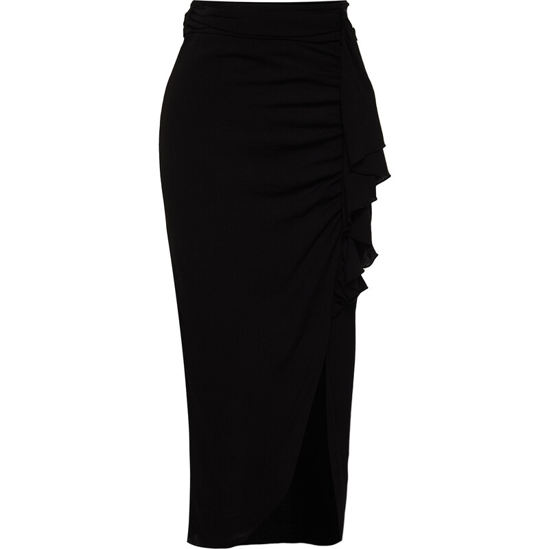 Trendyol Black Midi Woven Flounce Skirt