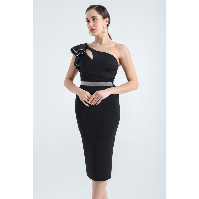 Lafaba Women's Black One-Shoulder Frilly Midi Evening Dress