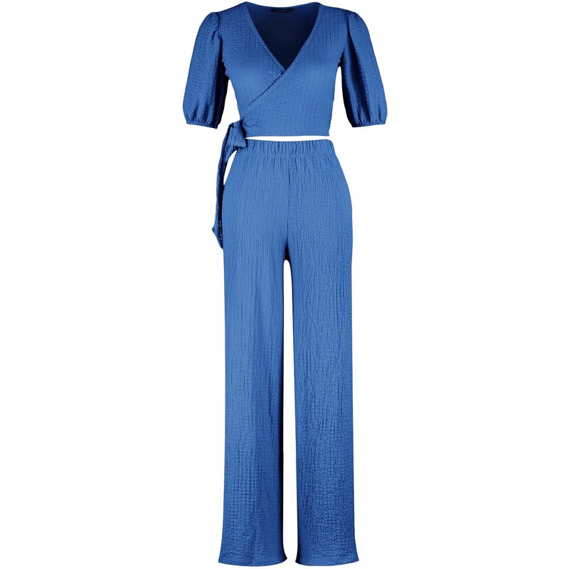 Trendyol Indigo Double Breasted Collar Balloon Sleeves Textured Fabric Knitted Top-Upper Suit