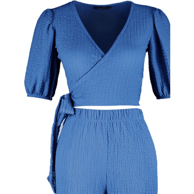 Trendyol Indigo Double Breasted Collar Balloon Sleeves Textured Fabric Knitted Top-Upper Suit