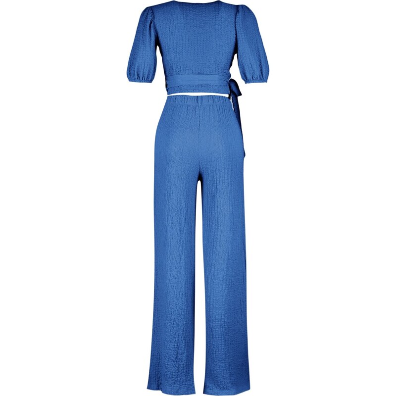 Trendyol Indigo Double Breasted Collar Balloon Sleeves Textured Fabric Knitted Top-Upper Suit