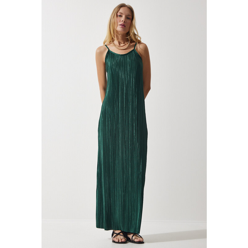 Happiness İstanbul Womens Emerald Green Strappy Summer Pleated Dress 107074554