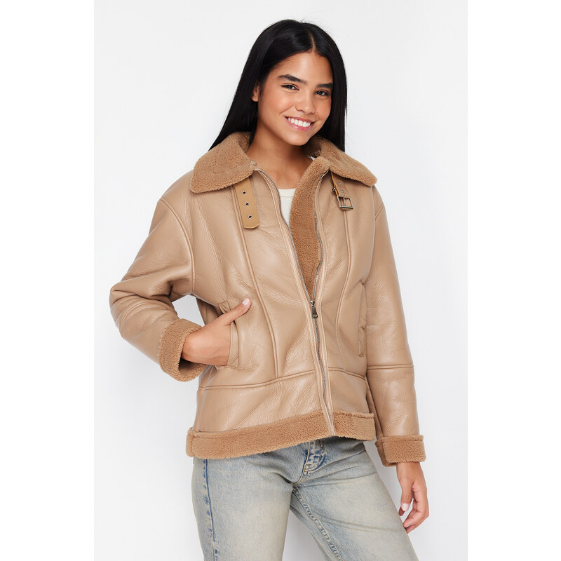 Trendyol Beige Plush Detailed Faux Leather Coat