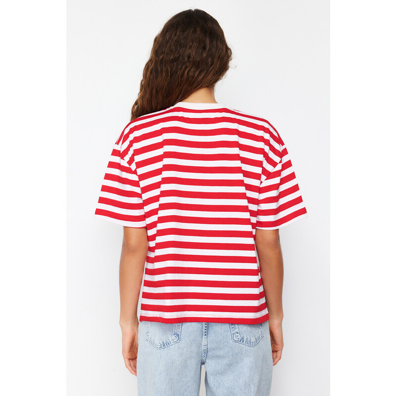 Trendyol Red Striped 100% Cotton Asymmetrical Loose/Relaxed Cut Knitted T-Shirt