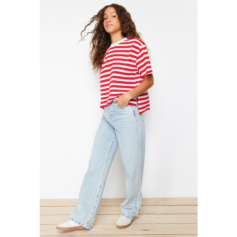 Trendyol Red Striped 100% Cotton Asymmetrical Loose/Relaxed Cut Knitted T-Shirt