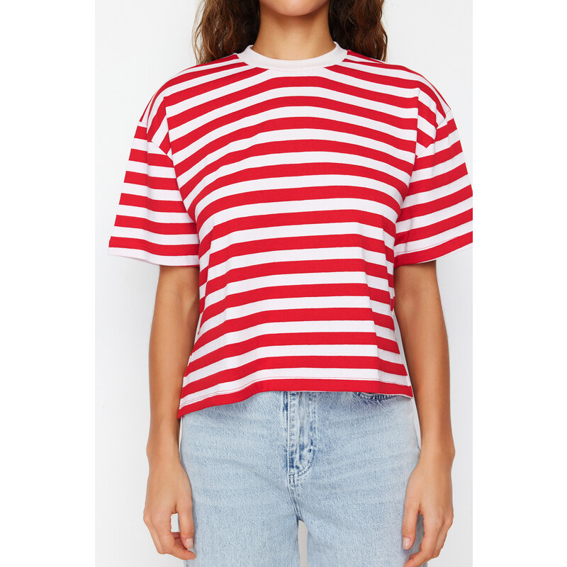 Trendyol Red Striped 100% Cotton Asymmetrical Loose/Relaxed Cut Knitted T-Shirt