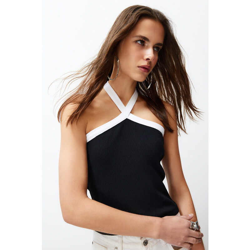 Trendyol Black Color Block Barter Neck Ribbed Elastic Knitted Blouse