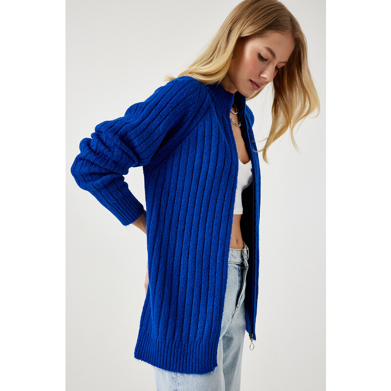 Happiness İstanbul Women's Dark Blue Zippered Knitwear Cardigan