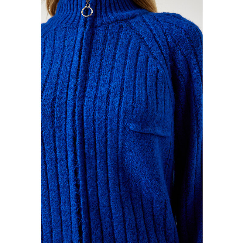 Happiness İstanbul Women's Dark Blue Zippered Knitwear Cardigan