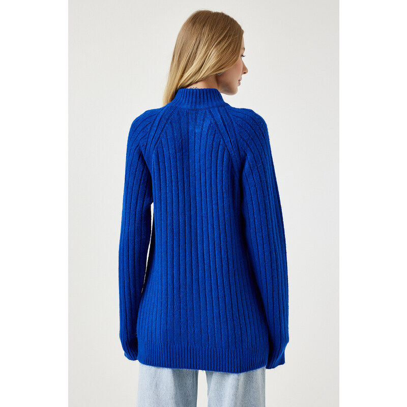 Happiness İstanbul Women's Dark Blue Zippered Knitwear Cardigan