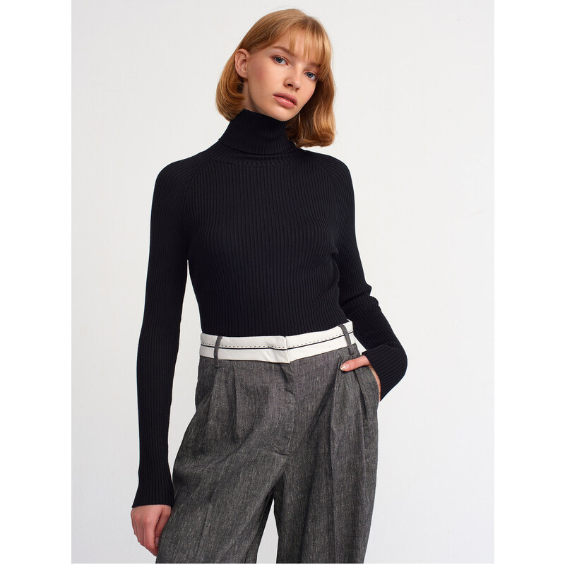 Dilvin 10429 Turtleneck Ribbed Sweater-Black