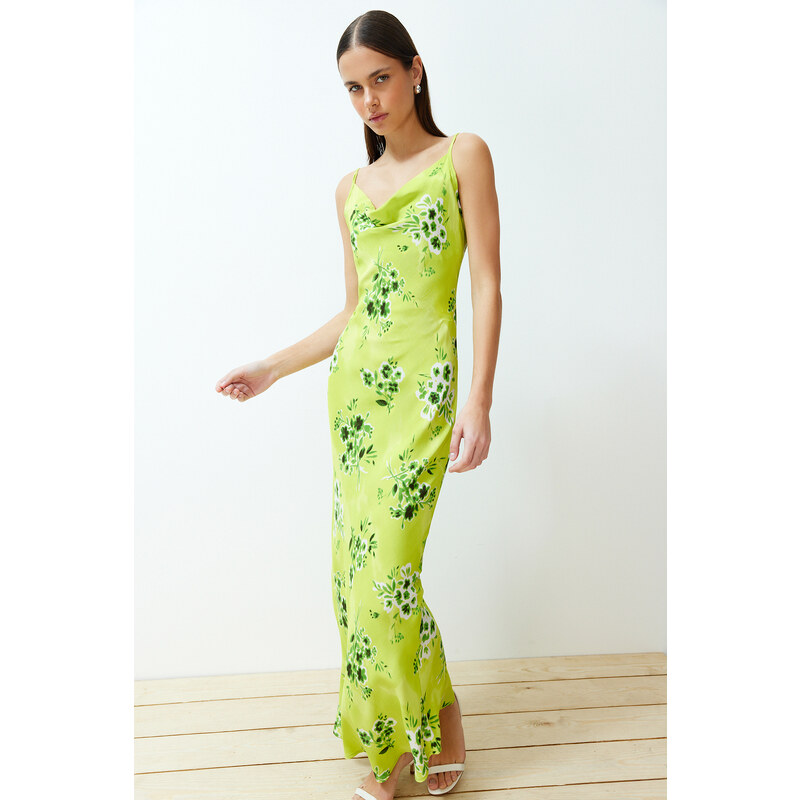 Trendyol Green Floral Degaje Collar Strap Midi Woven Dress 115740437