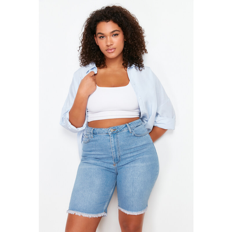 Trendyol Curve Blue Leg Tassel Detailed Stretchy Skinny Denim Shorts