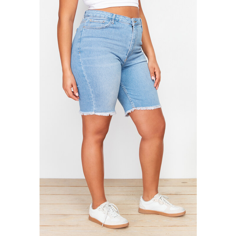 Trendyol Curve Blue Leg Tassel Detailed Stretchy Skinny Denim Shorts