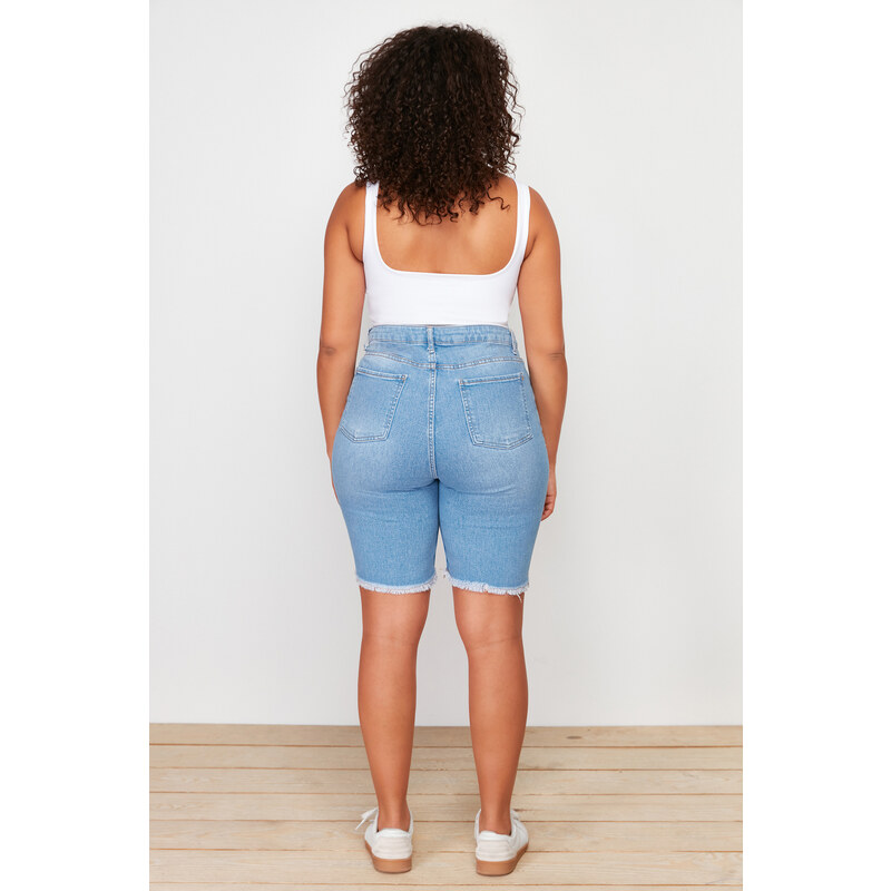 Trendyol Curve Blue Leg Tassel Detailed Stretchy Skinny Denim Shorts