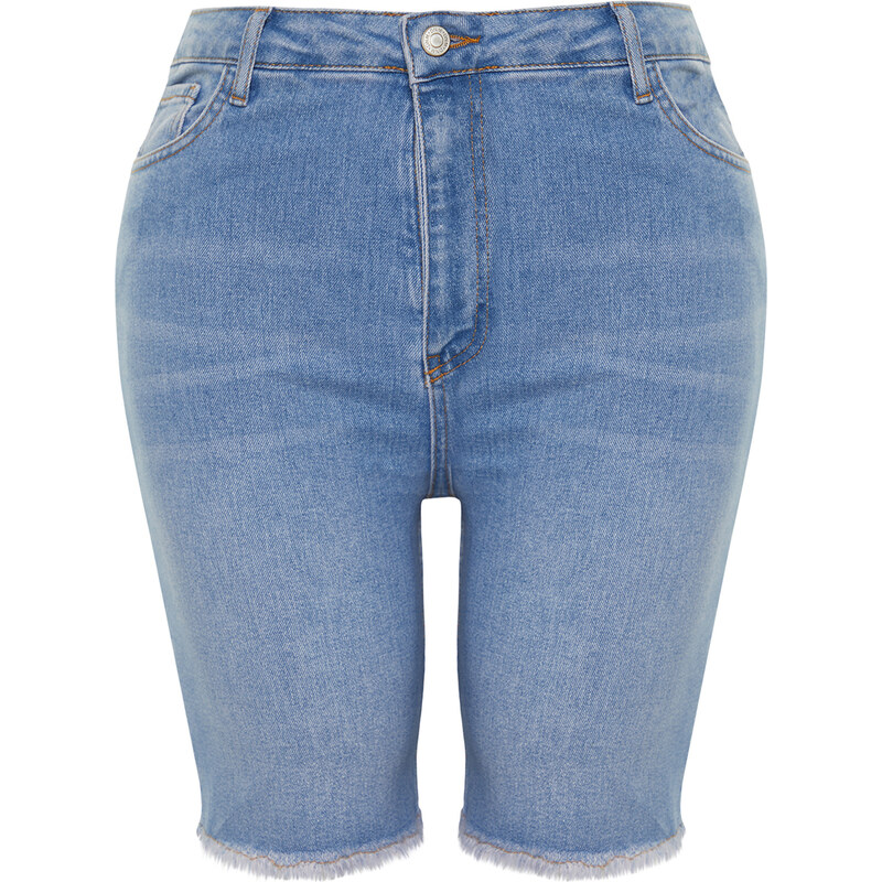 Trendyol Curve Blue Leg Tassel Detailed Stretchy Skinny Denim Shorts